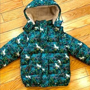 Mini Boden girls unicorn and flower puffer jacket size 7-8Y